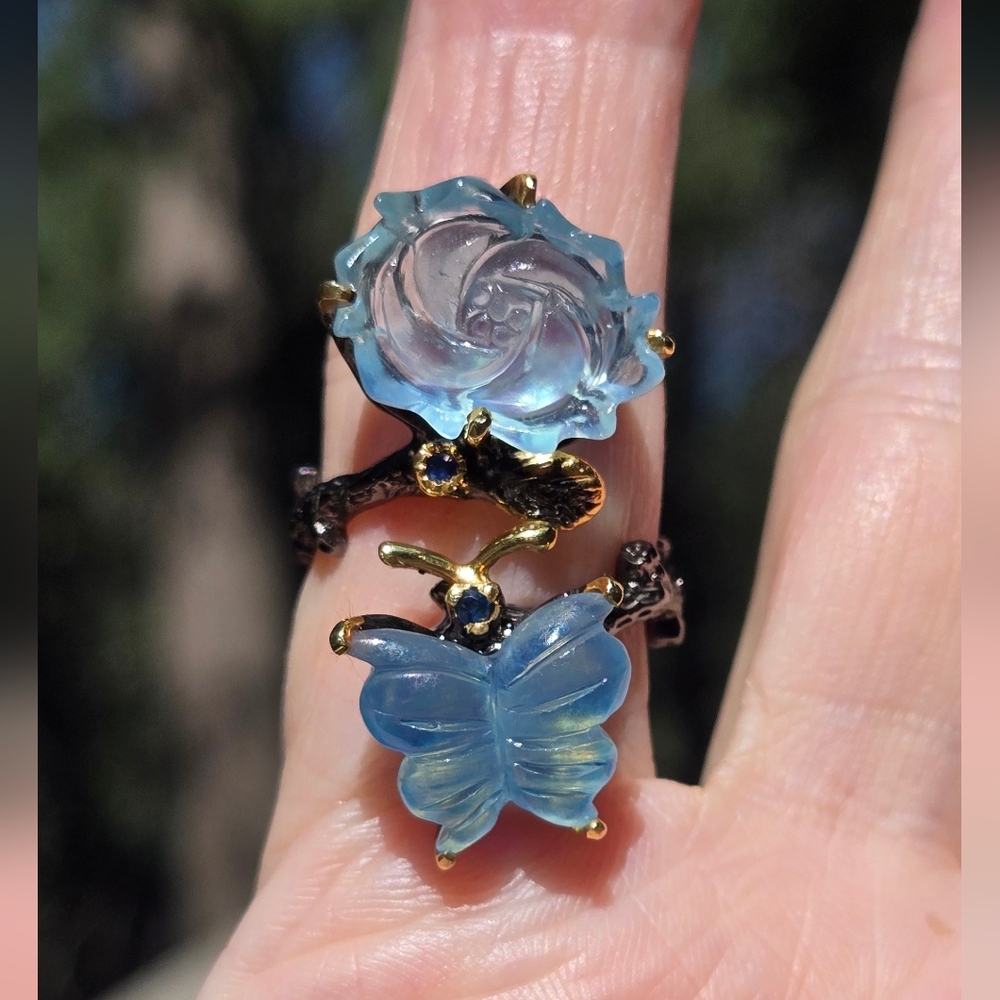 Aquamarine Butterfly & Flower Sterling Rhodium & Gold Ring Sz9 Adjustable - Picture 4 of 14